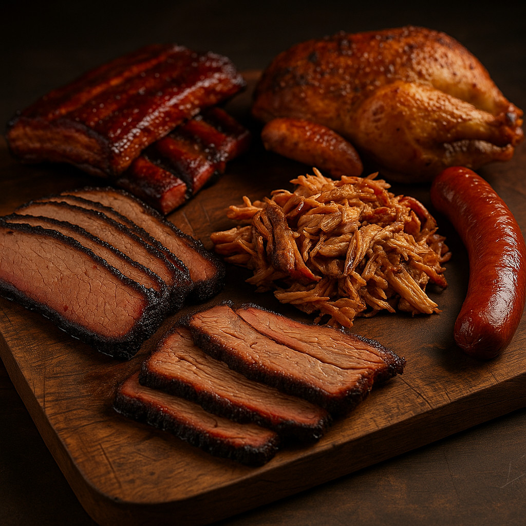 Platter of smoked meats – brisket, ribs, pulled pork, chicken and sausage