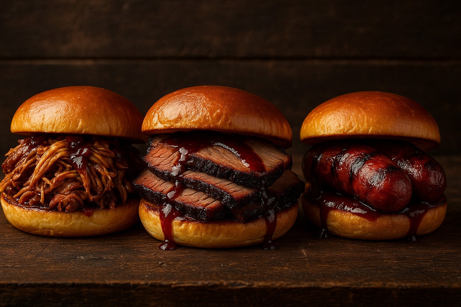 Barbecue sandwiches with sides on a wooden board