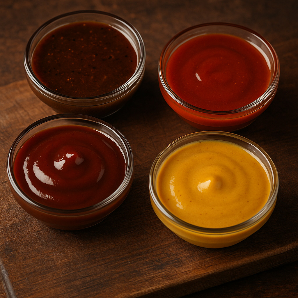 Four bowls of barbecue sauces on a wooden board