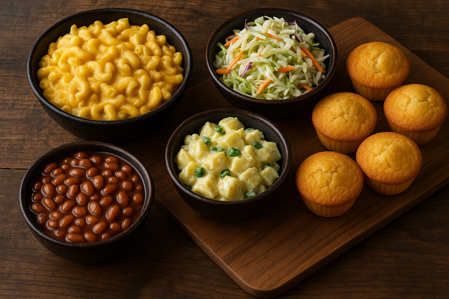 Bowls of mac and cheese, slaw, baked beans, potato salad and cornbread muffins