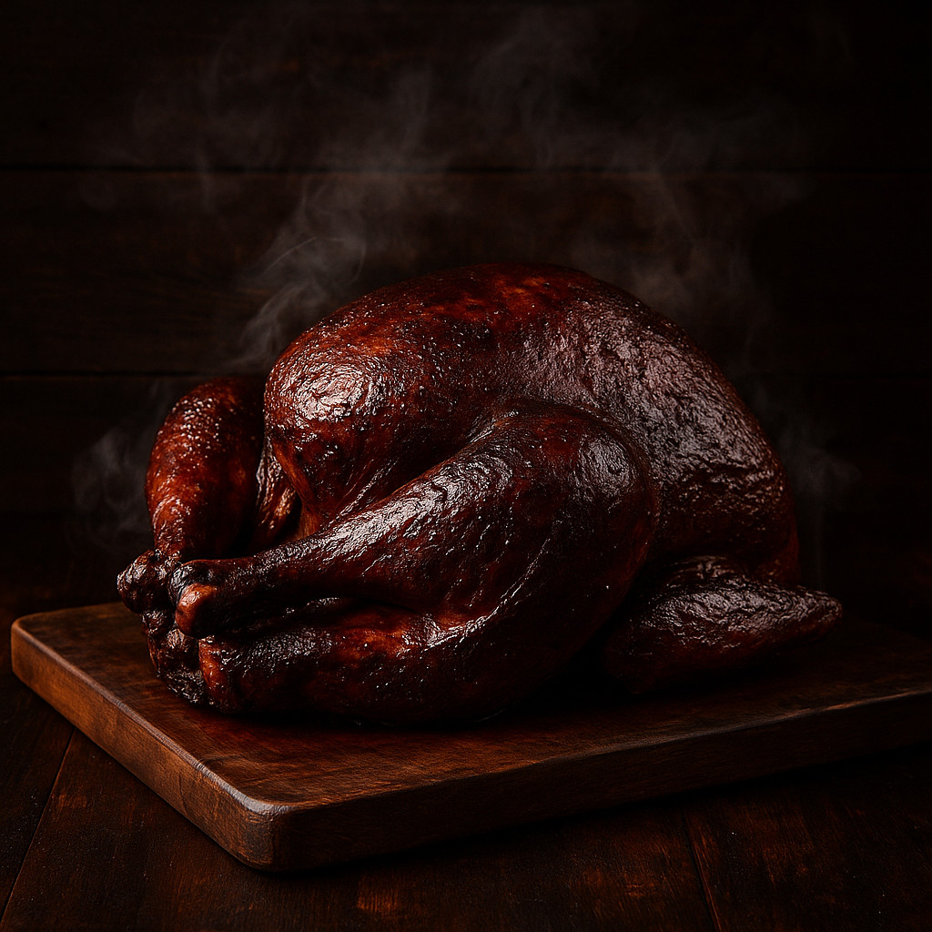 Smoked holiday turkey and ham on a rustic board